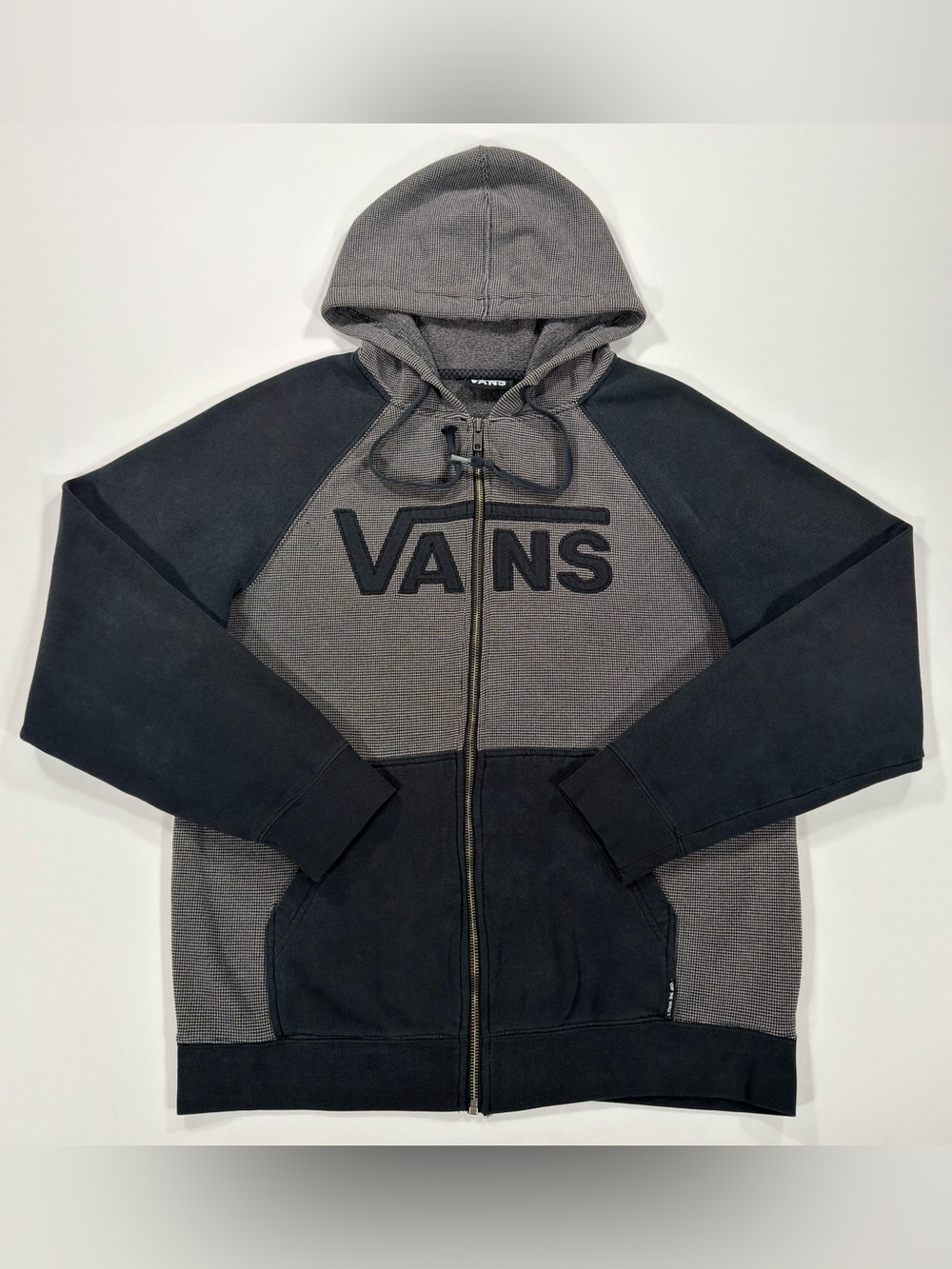 Vans Off The Wall Full Zip Hoodie Mens Medium Grey Waffle Knit Colorblock Black